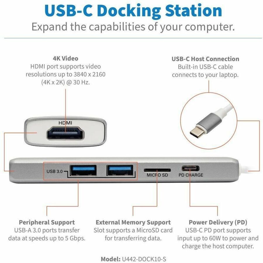 Tripp Lite by Eaton USB C Docking Station 4k @ 30Hz w/USB Hub HDMI Micro SD Charging, USB Type C, USB-C, USB Type-C U442-DOCK10-S