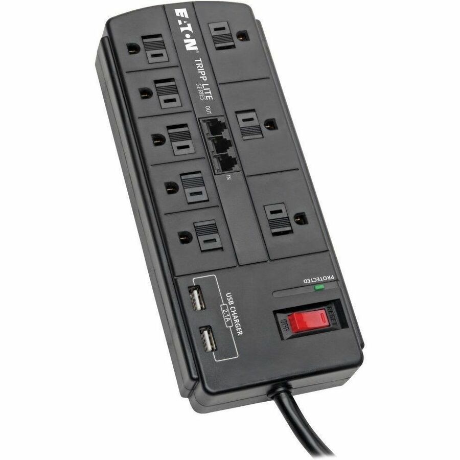 Eaton Tripp Lite Series 8-Outlet Surge Protector with 2 USB Ports (2.1A Shared) - 8 ft. (2.43 m) Cord, 1200 Joules, Tel/Modem, Black TLP88TUSBB