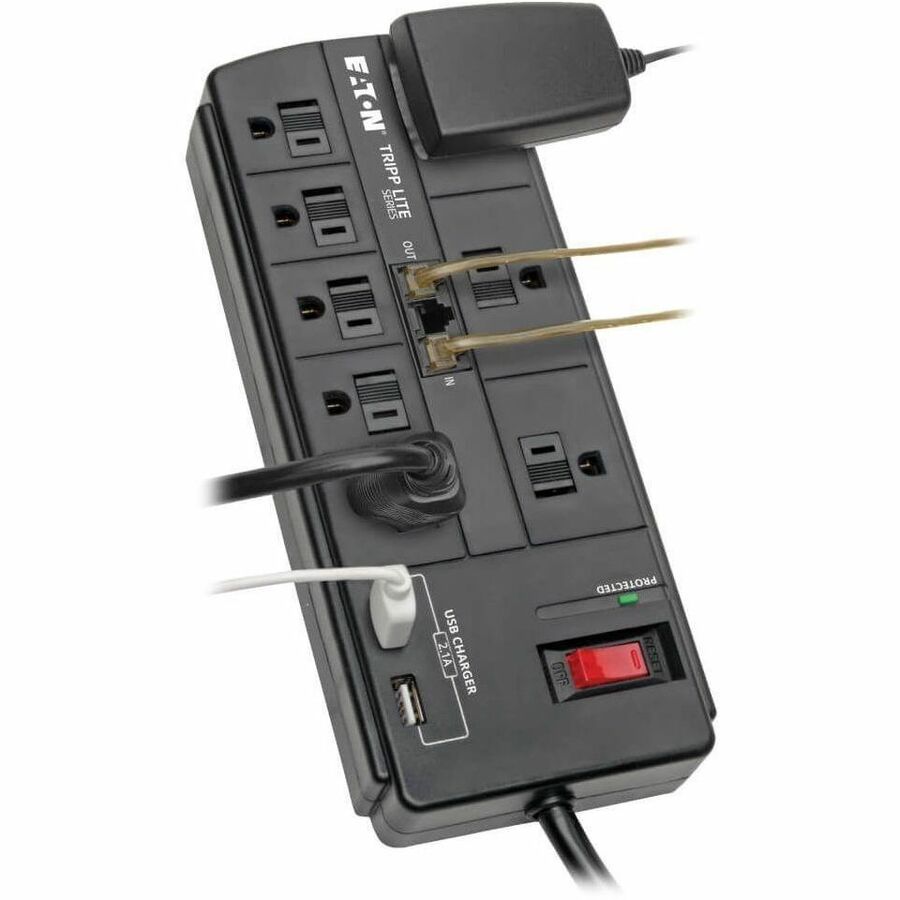 Eaton Tripp Lite Series 8-Outlet Surge Protector with 2 USB Ports (2.1A Shared) - 8 ft. (2.43 m) Cord, 1200 Joules, Tel/Modem, Black TLP88TUSBB