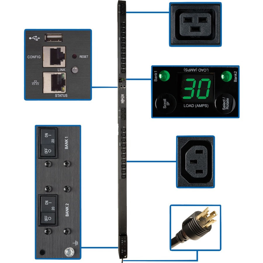 Tripp Lite by Eaton 5.5kW Single-Phase Switched PDU - LX Interface, 208/230V Outlets (20 C13 & 4 C19), L6-30P, 0U, TAA PDUMV30HVNETLX