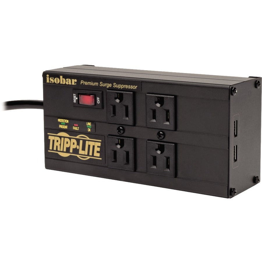 Tripp Lite by Eaton Isobar 4-Outlet Surge Protector, 8 ft. (2.43 m) Cord, Right-Angle Plug, 3330 Joules, 2 USB Ports, Metal Housing IBAR4ULTRAUSBB