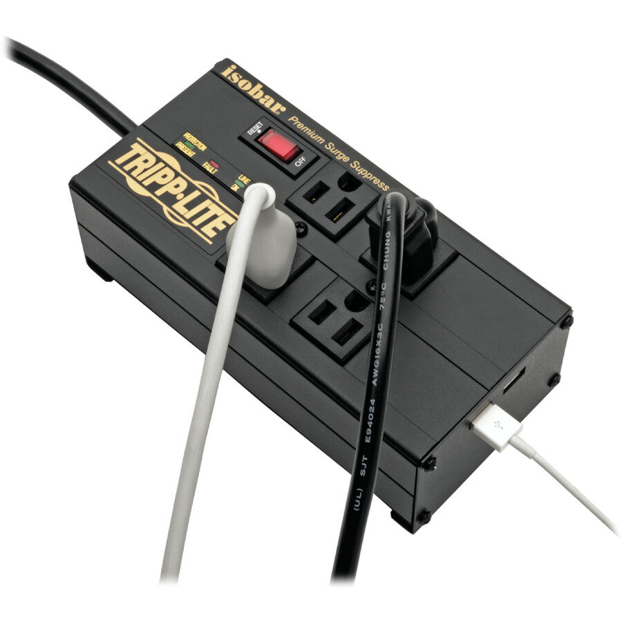 Tripp Lite by Eaton Isobar 4-Outlet Surge Protector, 8 ft. (2.43 m) Cord, Right-Angle Plug, 3330 Joules, 2 USB Ports, Metal Housing IBAR4ULTRAUSBB