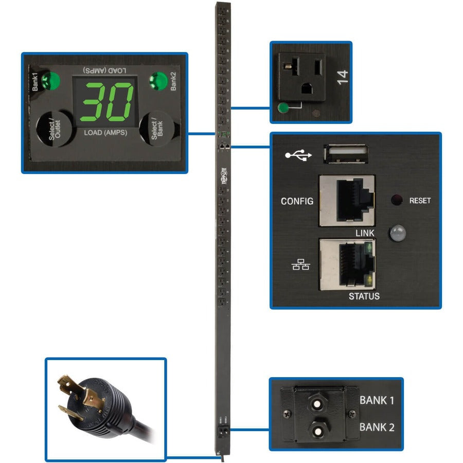 Tripp Lite by Eaton 2.9kW Single-Phase Switched PDU, LX Platform, Outlet Monitoring, 120V Outlets (24 NEMA 5-15/20R), L5-30P Plug, 0U, TAA PDUMVR30NETLX