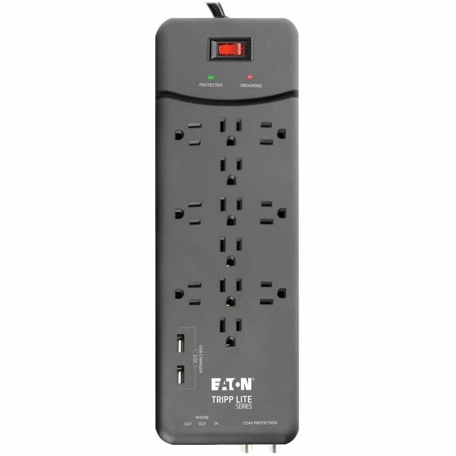 Eaton Tripp Lite Series Protect It! 12-Outlet Surge Protector, 8 ft. (2.43 m) Cord, 4320 Joules, Tel/Modem/Coax Protection, 2 USB Ports, Black TLP128TTUSBB