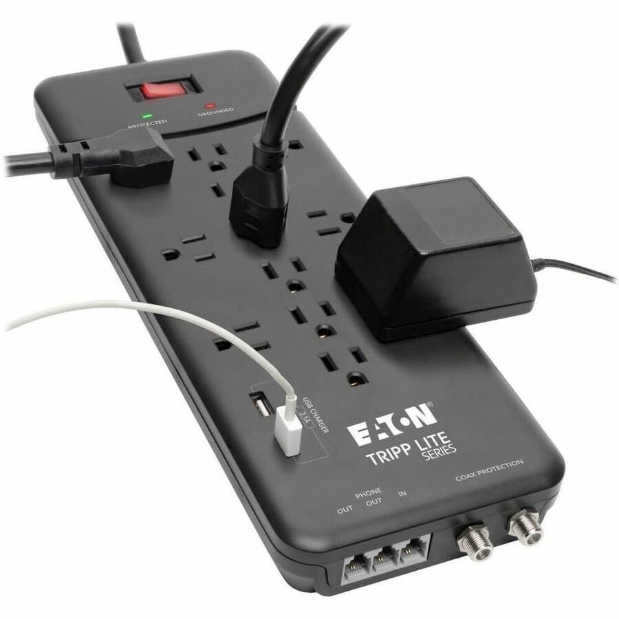 Eaton Tripp Lite Series Protect It! 12-Outlet Surge Protector, 8 ft. (2.43 m) Cord, 4320 Joules, Tel/Modem/Coax Protection, 2 USB Ports, Black TLP128TTUSBB