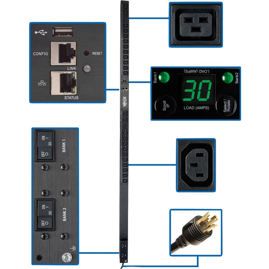 Tripp Lite by Eaton 5.5kW Single-Phase Monitored PDU with LX Platform Interface, 208/230V Outlets (20 C13 & 4 C19), L6-30P, 0U, TAA PDUMNV30HVLX