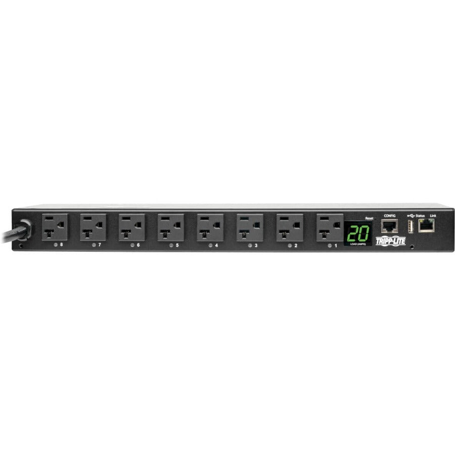 Tripp Lite by Eaton 1.9kW Single-Phase Switched PDU, LX Interface, 120V Outlets (8 5-15/20R), NEMA L5-20P/5-20P input, 12 ft. (3.66 m) Cord, 1U Rack, TAA PDUMH20NET2LX