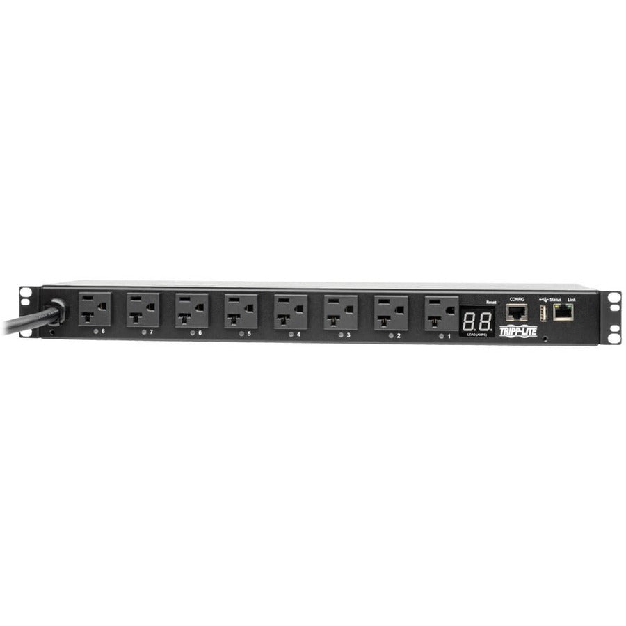 Tripp Lite by Eaton 1.9kW Single-Phase Switched PDU, LX Interface, 120V Outlets (8 5-15/20R), NEMA L5-20P/5-20P input, 12 ft. (3.66 m) Cord, 1U Rack, TAA PDUMH20NET2LX
