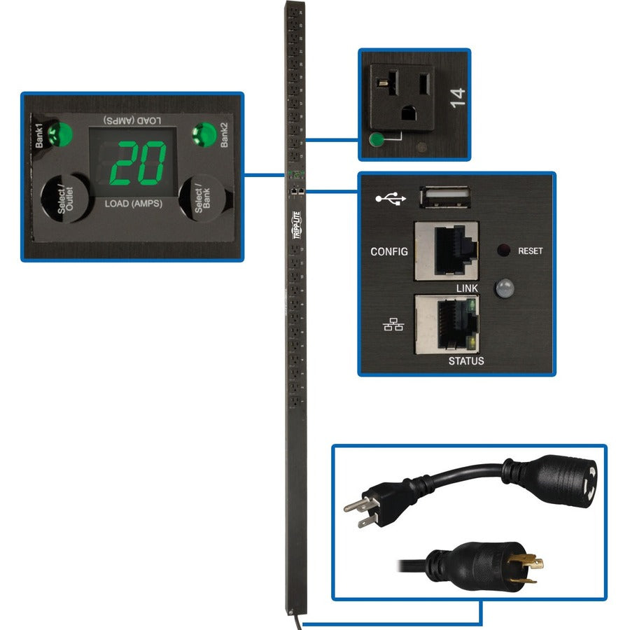 Tripp Lite by Eaton 1.9kW Single-Phase Switched PDU, LX Platform, Outlet Monitoring, 120V Outlets (24 NEMA 5-15/20R), L5-20P Plug, 0U, TAA PDUMVR20NETLX