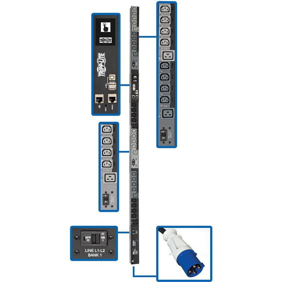Tripp Lite by Eaton 14.5kW 200-240V 3PH Switched PDU - LX Interface, Gigabit, 30 Outlets, IEC 309 60A Blue Input, LCD, 1.8 m Cord, 0U 1.8 m Height, TAA PDU3EVSR6G60