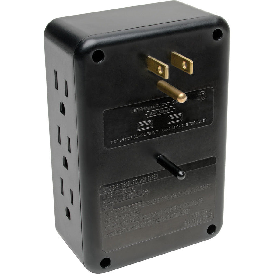 Tripp Lite by Eaton 6-Outlet Surge Protector with 2 USB Ports (3.4A Shared) - Side Load, Direct Plug-In, 1050 Joules TLP6SLUSBB
