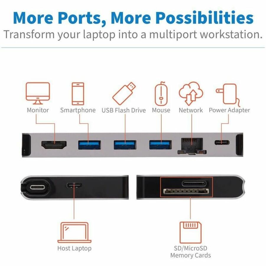 Tripp Lite by Eaton USB-C Dock - 4K HDMI, USB 3.x (5Gbps), USB-A/C Hub Ports, GbE, Memory Card, 100W PD Charging, Detachable Cord U442-DOCK5D-GY