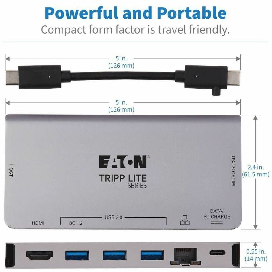 Tripp Lite by Eaton USB-C Dock - 4K HDMI, USB 3.x (5Gbps), USB-A/C Hub Ports, GbE, Memory Card, 100W PD Charging, Detachable Cord U442-DOCK5D-GY