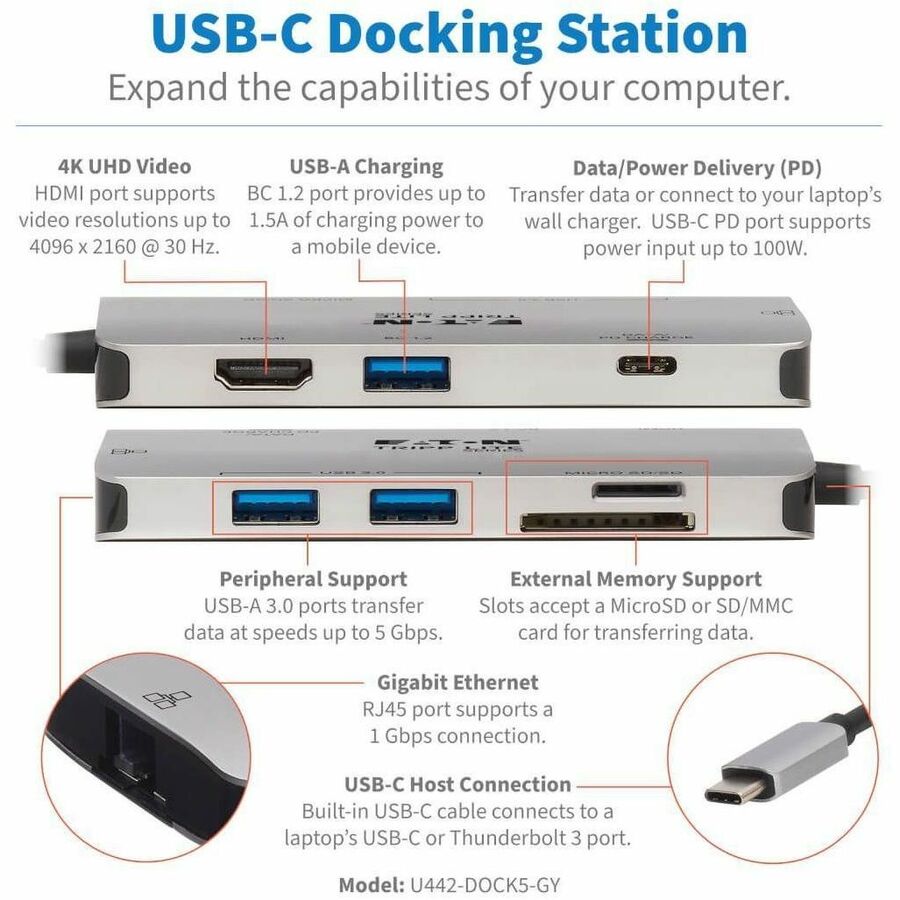 Tripp Lite by Eaton USB-C Dock - 4K HDMI, USB 3.x (5Gbps), USB-A/C Hub Ports, GbE, Memory Card, 100W PD Charging U442-DOCK5-GY