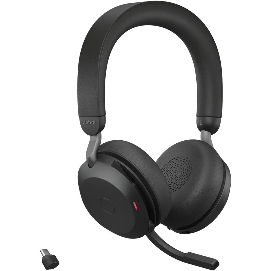 Jabra Evolve2 75 Wireless On-ear Stereo Headset - USB-C - Unified Communication - With Charging Stand - Black - Binaural - Ear-cup - 3000 cm - Bluetooth - 20 Hz to 20 kHz - MEMS Technology Microphone - Noise Cancelling 27599-989-889