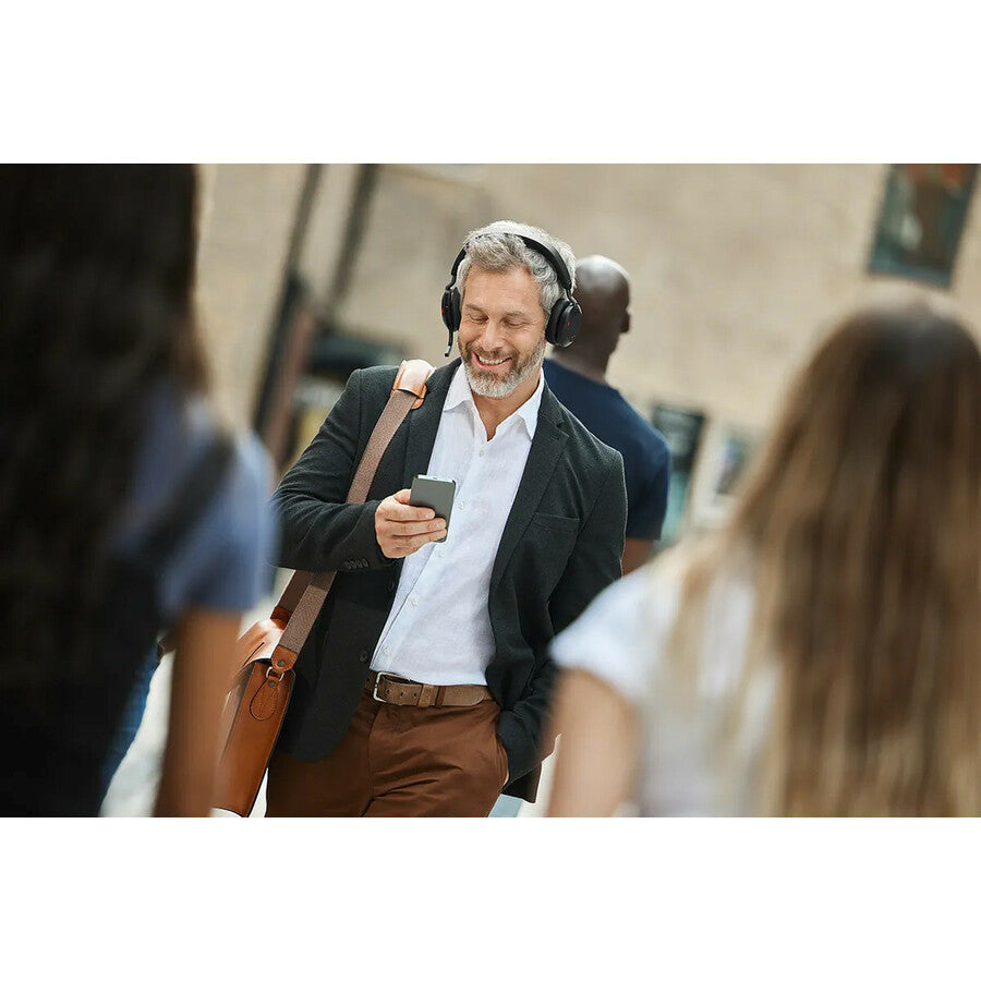 Jabra Evolve2 75 Wireless On-ear Stereo Headset - USB-C - Unified Communication - With Charging Stand - Black - Binaural - Ear-cup - 3000 cm - Bluetooth - 20 Hz to 20 kHz - MEMS Technology Microphone - Noise Cancelling 27599-989-889