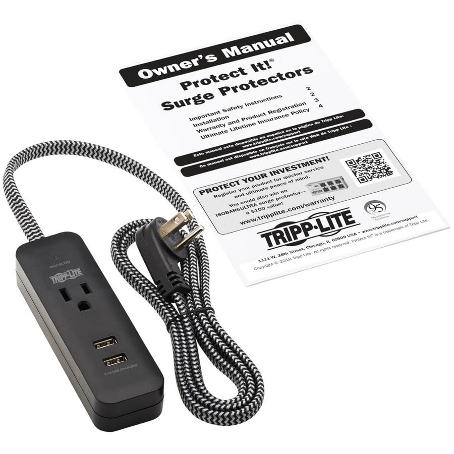 Tripp Lite by Eaton 1-Outlet Surge Protector with 2 USB Ports (2.1A Shared) - 4 ft. Cord, 5-15P Plug, 450 Joules, Black TLP104USB