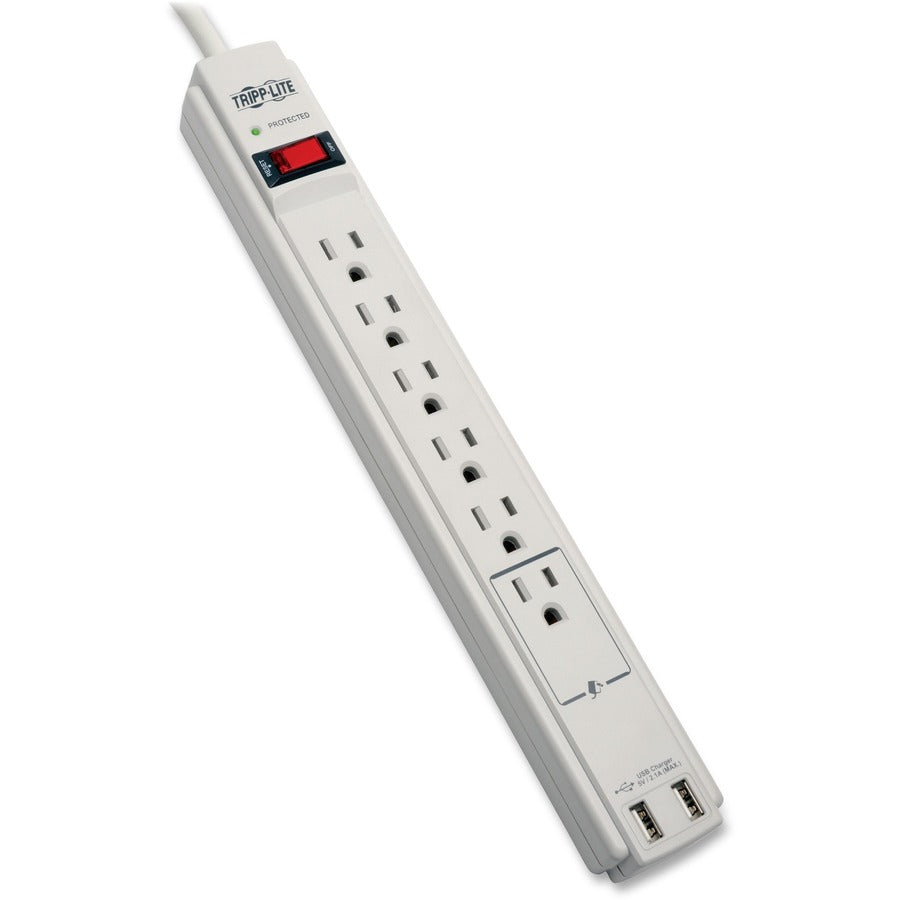 Tripp Lite by Eaton Protect It! 6-Outlet Surge Protector, 6 ft. (1.83 m) Cord, 990 Joules, 2 x USB Charging ports (2.1A), Gray Housing TLP606USB