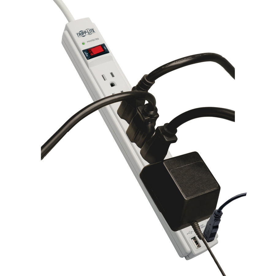 Tripp Lite by Eaton Protect It! 6-Outlet Surge Protector, 6 ft. (1.83 m) Cord, 990 Joules, 2 x USB Charging ports (2.1A), Gray Housing TLP606USB