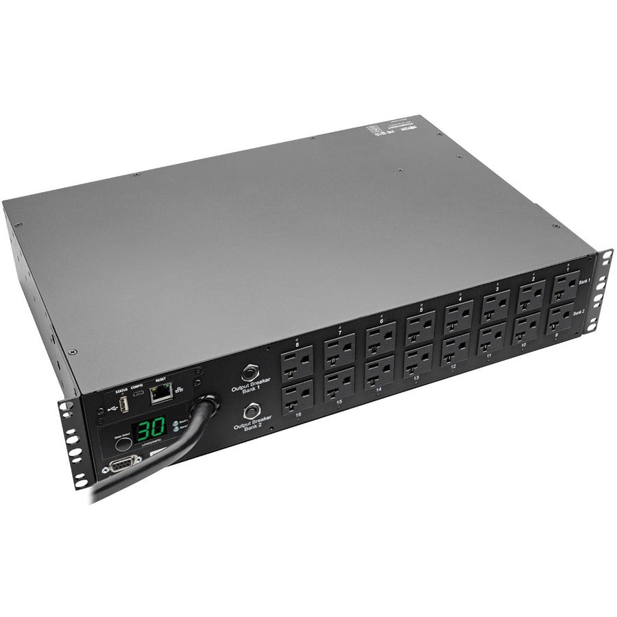 Tripp Lite by Eaton 2.9kW Single-Phase Switched PDU - LX Interface, 120V Outlets (16 5-15/20R), 10 ft. (3.05 m) Cord with L5-30P, 2U, TAA PDUMH30NET