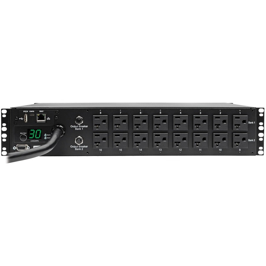 Tripp Lite by Eaton 2.9kW Single-Phase Switched PDU - LX Interface, 120V Outlets (16 5-15/20R), 10 ft. (3.05 m) Cord with L5-30P, 2U, TAA PDUMH30NET