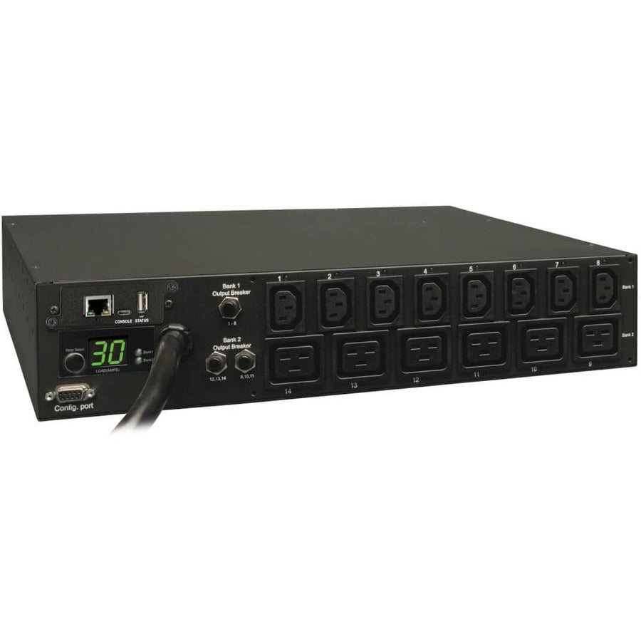 Tripp Lite by Eaton 5.5kW Single-Phase Switched PDU - LX Interface, 208/230V Outlets (8 C13 & 6 C19), L6-30P Input, 15 ft. (4.57 m) Cord, 2U Rack-Mount, TAA PDUMH30HV19NET