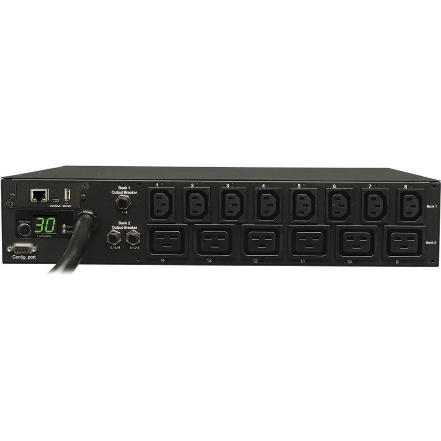 Tripp Lite by Eaton 5.5kW Single-Phase Switched PDU - LX Interface, 208/230V Outlets (8 C13 & 6 C19), L6-30P Input, 15 ft. (4.57 m) Cord, 2U Rack-Mount, TAA PDUMH30HV19NET