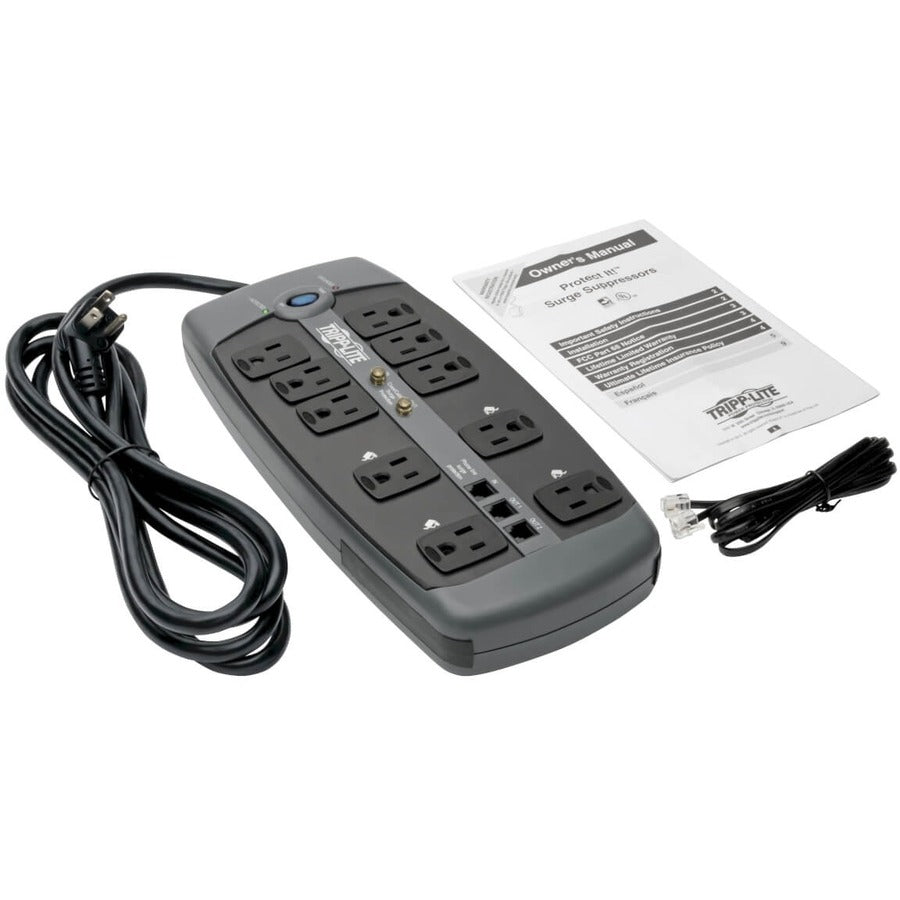 Tripp Lite by Eaton Protect It! 10-Outlet Surge Protector, 8 ft. (2.43 m) Cord, 3345 Joules, Tel/Modem/Coaxial Protection TLP1008TELTV