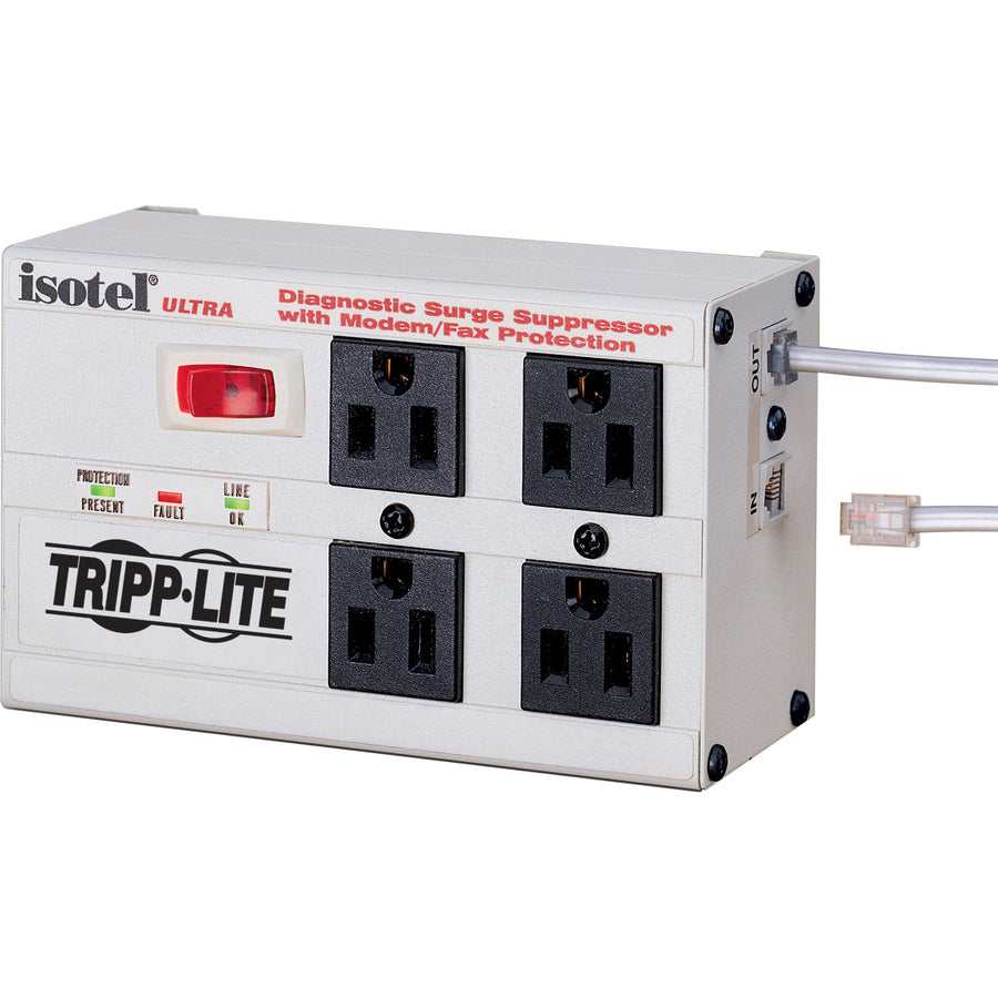 Tripp Lite by Eaton Isobar 4-Outlet Surge Protector, 6 ft. Cord with Right-Angle Plug, 3300 Joules, Diagnostic LEDs, Tel/Fax/Modem, Metal ISOTEL4ULTRA