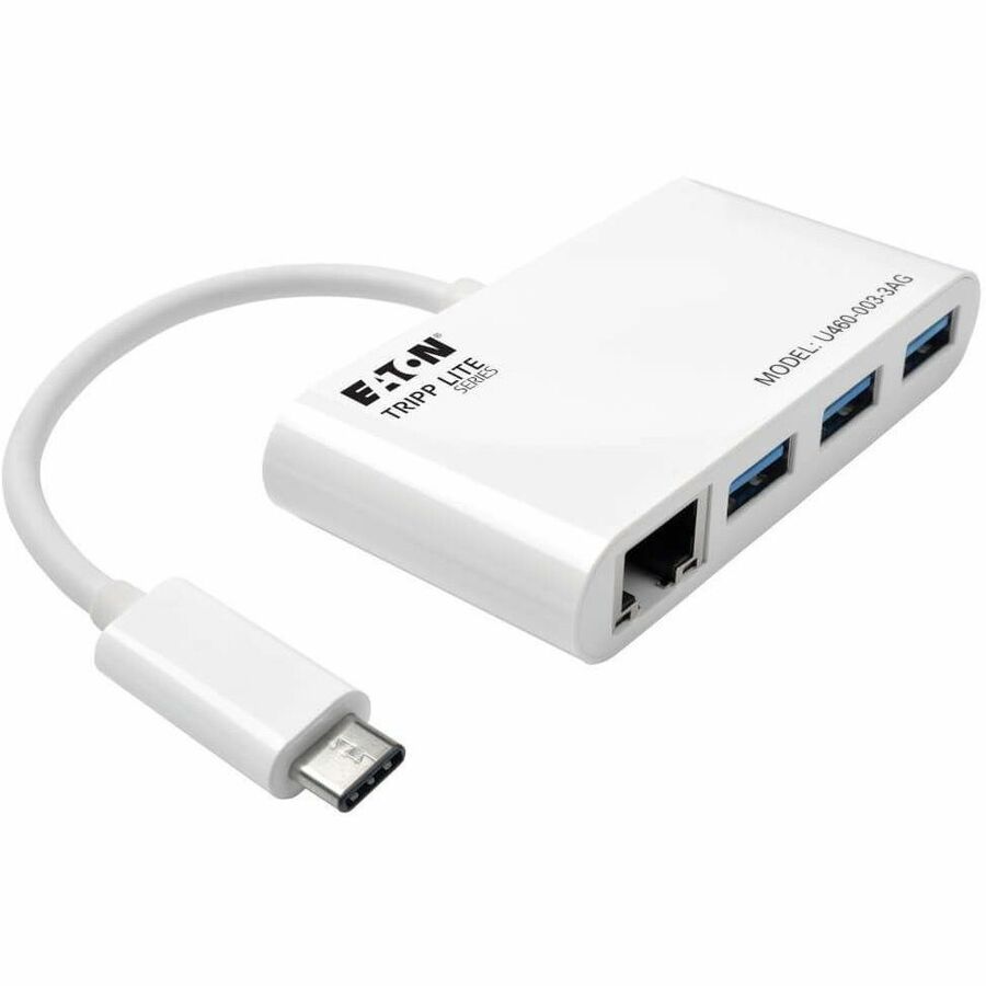 Tripp Lite by Eaton 3-Port USB 3.x (5Gbps) Hub with LAN Port, USB-C to 3x USB-A Ports and Gigabit Ethernet, White U460-003-3AG