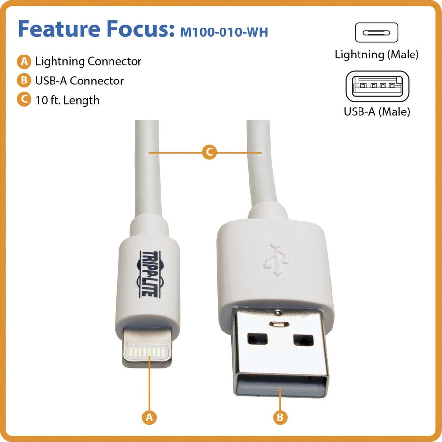 Eaton Tripp Lite Series USB-A to Lightning Sync/Charge Cable (M/M) - MFi Certified, White, 10 ft. (3 m) M100-010-WH