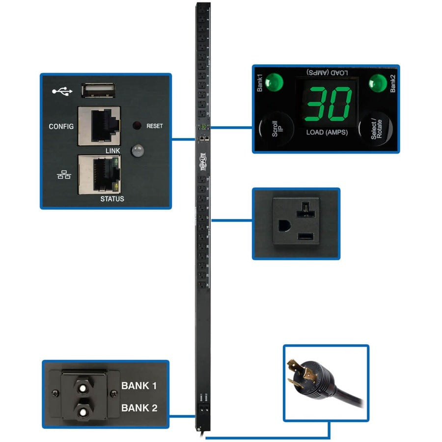 Tripp Lite by Eaton 2.9kW Single-Phase Monitored PDU with LX Platform Interface, 120V Outlets (24 5-15/20R), L5-30P Plug, 0U Vertical, TAA PDUMNV30LX