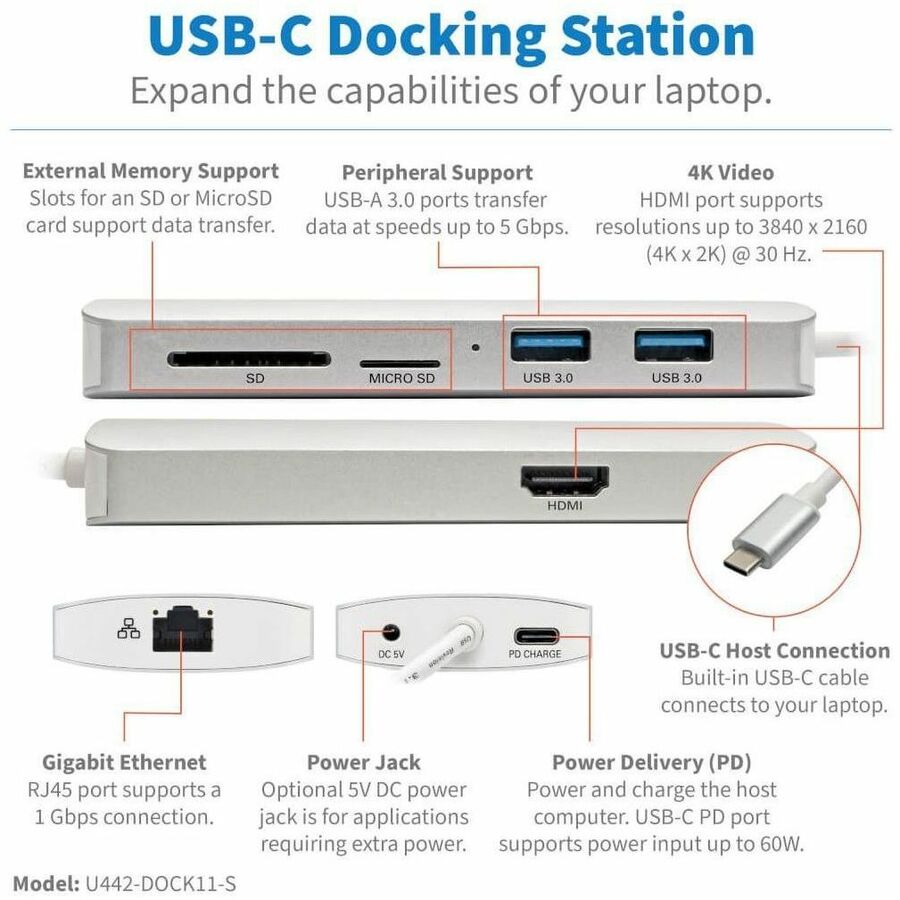 Tripp Lite by Eaton USB C Docking Station 4k w/ USB Hub HDMI SD/Micro SD Gbe Charging, USB Type C, USB-C, USB Type-C U442-DOCK11-S
