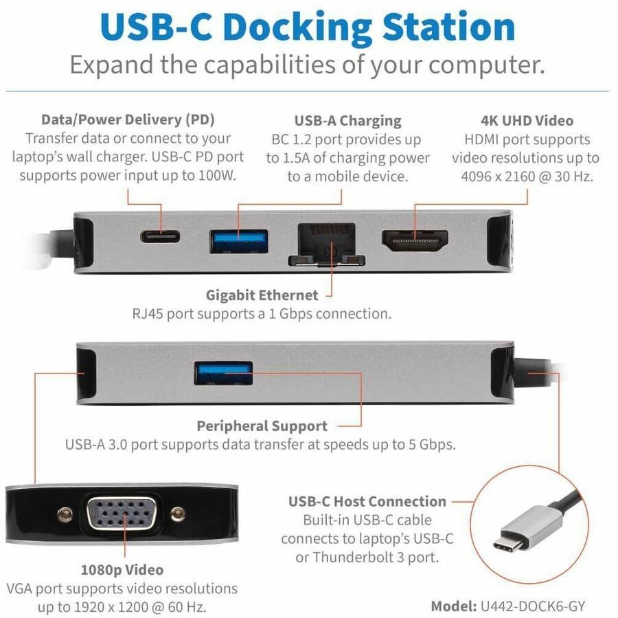 Tripp Lite by Eaton USB-C Dock, Dual Display - 4K HDMI, VGA, USB 3.x (5Gbps), USB-A/C Hub, GbE, 100W PD Charging U442-DOCK6-GY