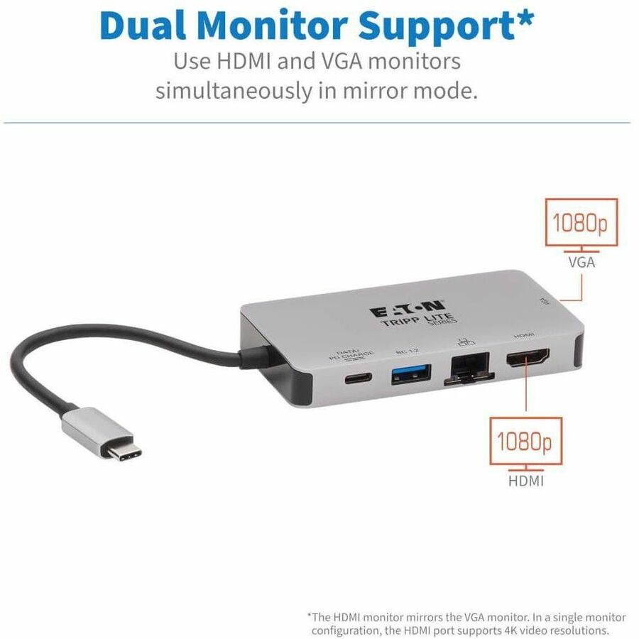 Tripp Lite by Eaton USB-C Dock, Dual Display - 4K HDMI, VGA, USB 3.x (5Gbps), USB-A/C Hub, GbE, 100W PD Charging U442-DOCK6-GY