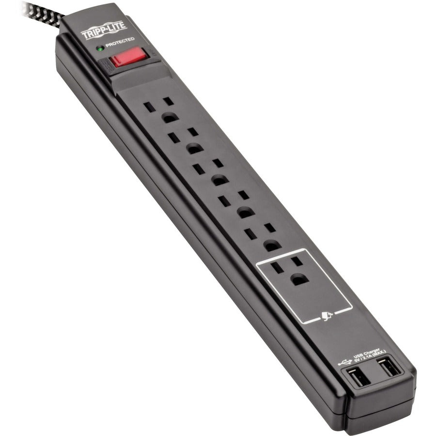 Tripp Lite by Eaton Safe-IT 6-Outlet Surge Protector, 2 USB Charging Ports, 10 ft. Cord, 5-15P Plug, 990 Joules, Antimicrobial Protection, Black TLP610BUAM