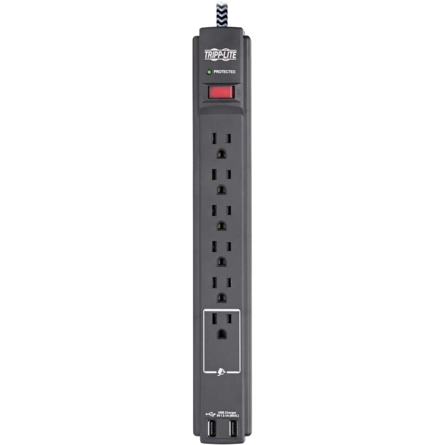 Tripp Lite by Eaton Safe-IT 6-Outlet Surge Protector, 2 USB Charging Ports, 10 ft. Cord, 5-15P Plug, 990 Joules, Antimicrobial Protection, Black TLP610BUAM