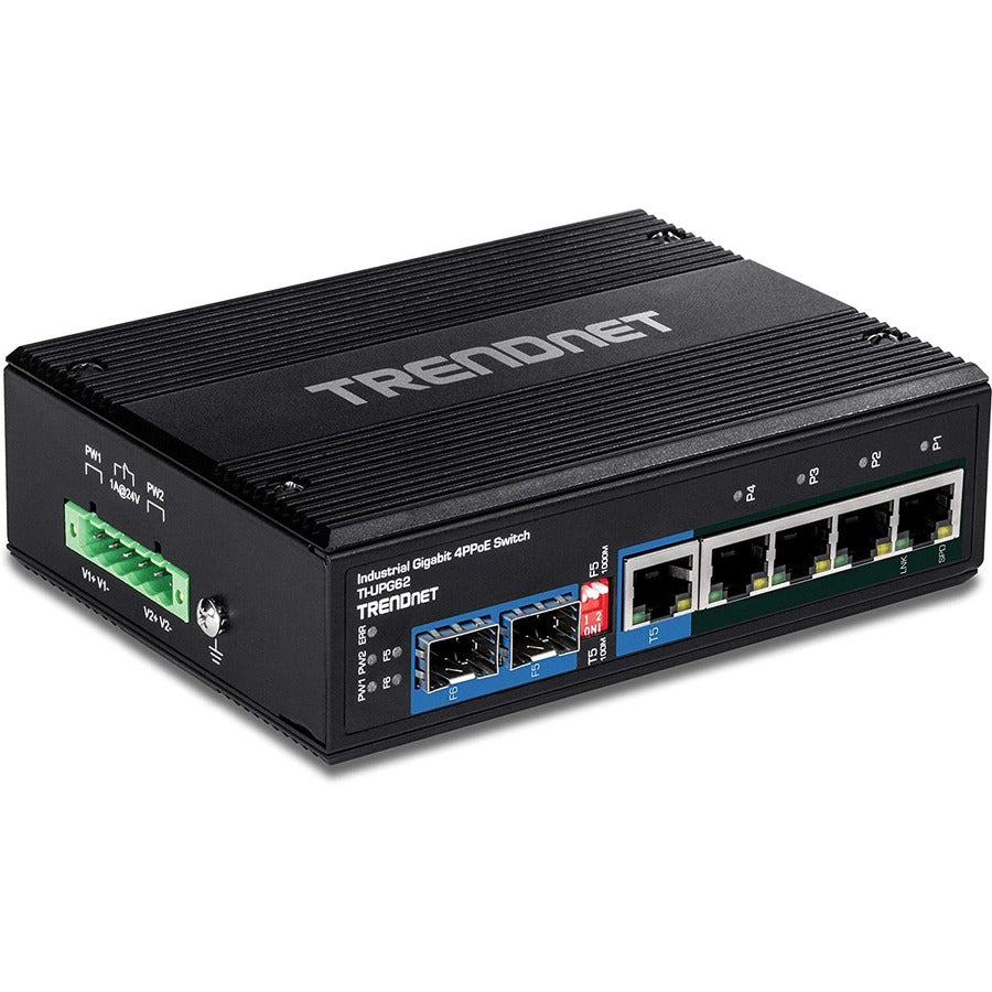 TRENDnet 6-Port Hardened Industrial Gigabit 10/100/1000 Mbps Ultra PoE DIN-Rail Switch; UPoE; IP30; DIN-Rail & Wall Mounts Included; Lifetime Protection; TI-UPG62 TI-UPG62