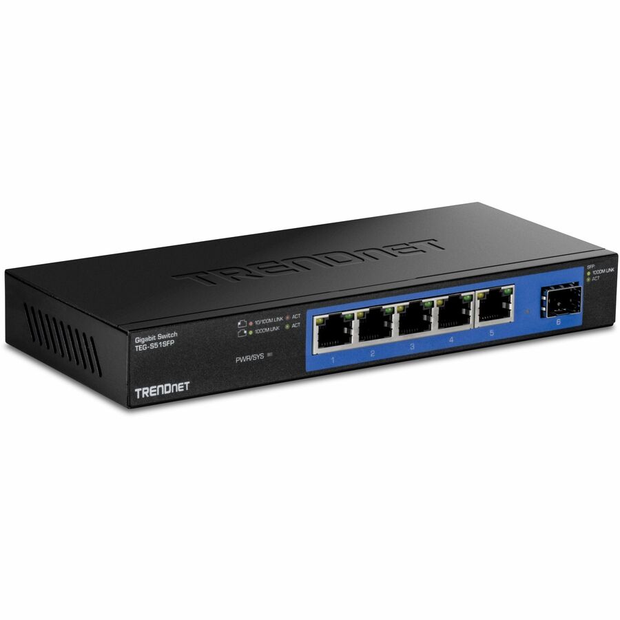 TRENDnet 4-Port Gigabit Switch With SFP Slot, 10 Gbps Switching Capacity, Fanless, 802.1p QoS, Rear Facing Ports, Metal Housing, Network Ethernet Switch, Lifetime Protection, Black, TEG-S51SFP TEG-S51SFP