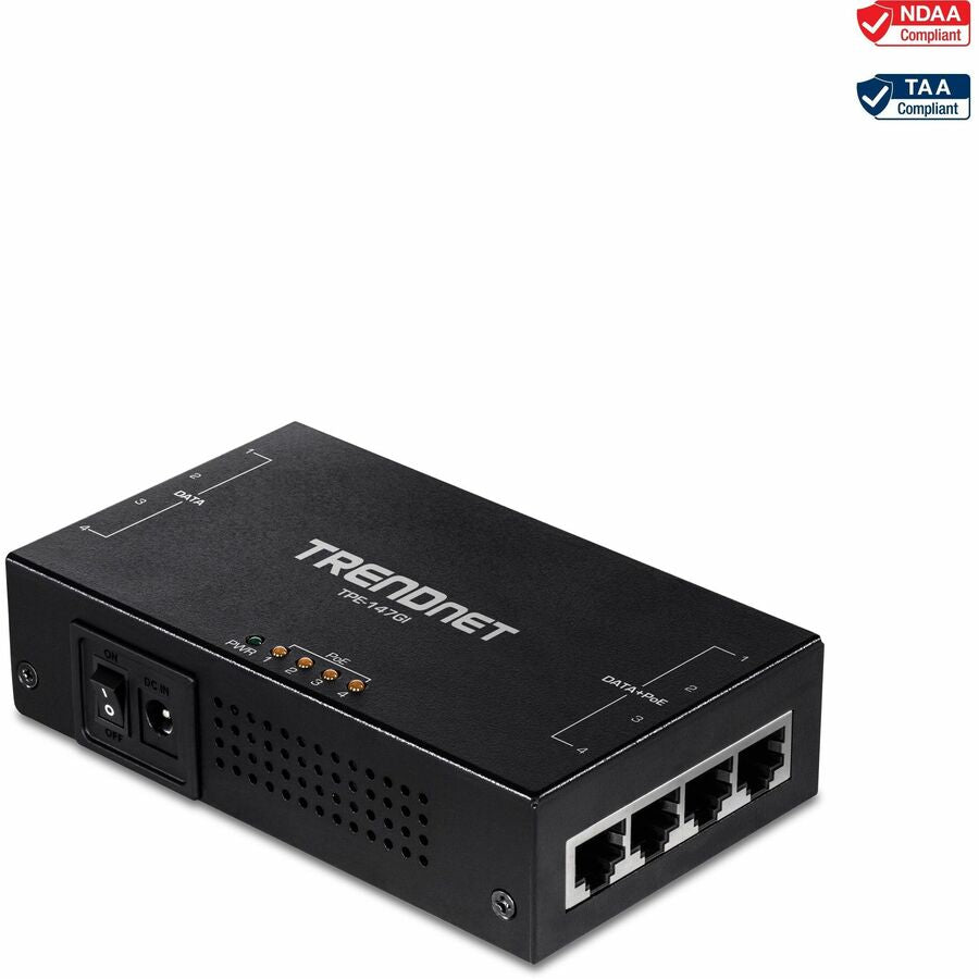 TRENDnet 65W 4-Port Gigabit PoE+ Injector, TPE-147GI, 4 x Gigabit Ports(Data in), 4 x gigabit PoE Ports(Data + PoE Out), Multi-Port PoE+ Injector up to 100m(328 ft.), Add PoE+ Power to Non-PoE Switch TPE-147GI