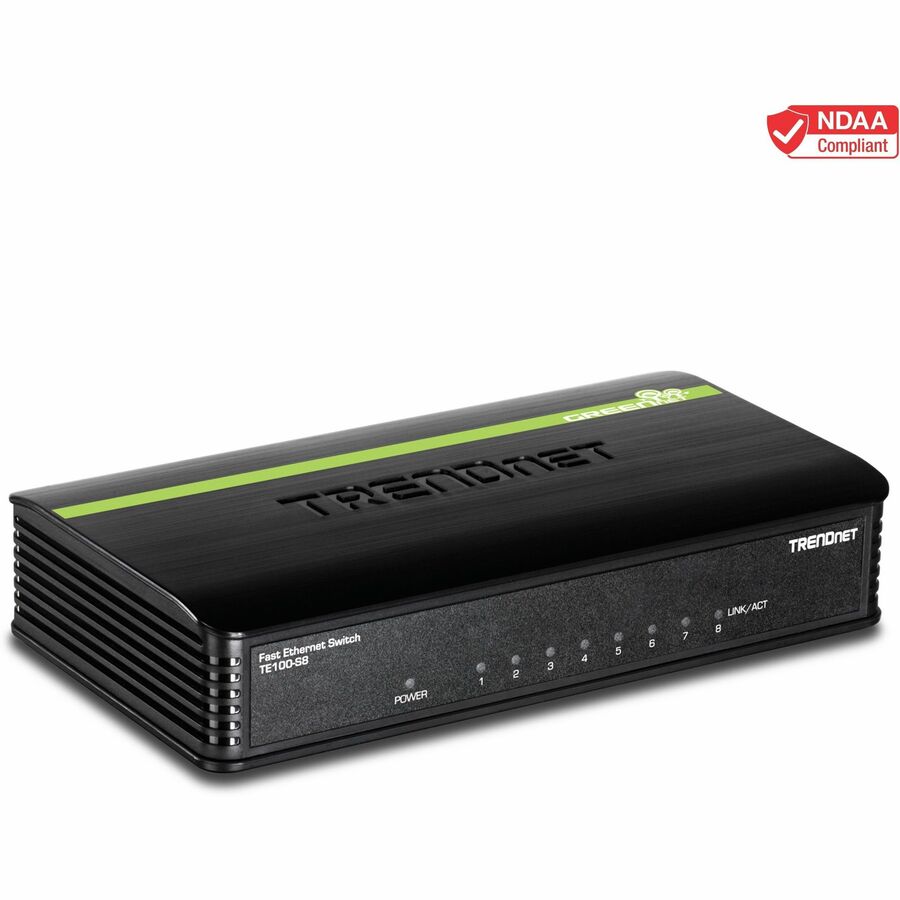 TRENDnet 8-Port Unmanaged 10/100 Mbps GREENnet Ethernet Desktop Switch; TE100-S8; 8 x 10/100 Mbps Ethernet Ports; 1.6 Gbps Switching Capacity; Plastic Housing; Network Ethernet Switch; Plug & Play TE100-S8