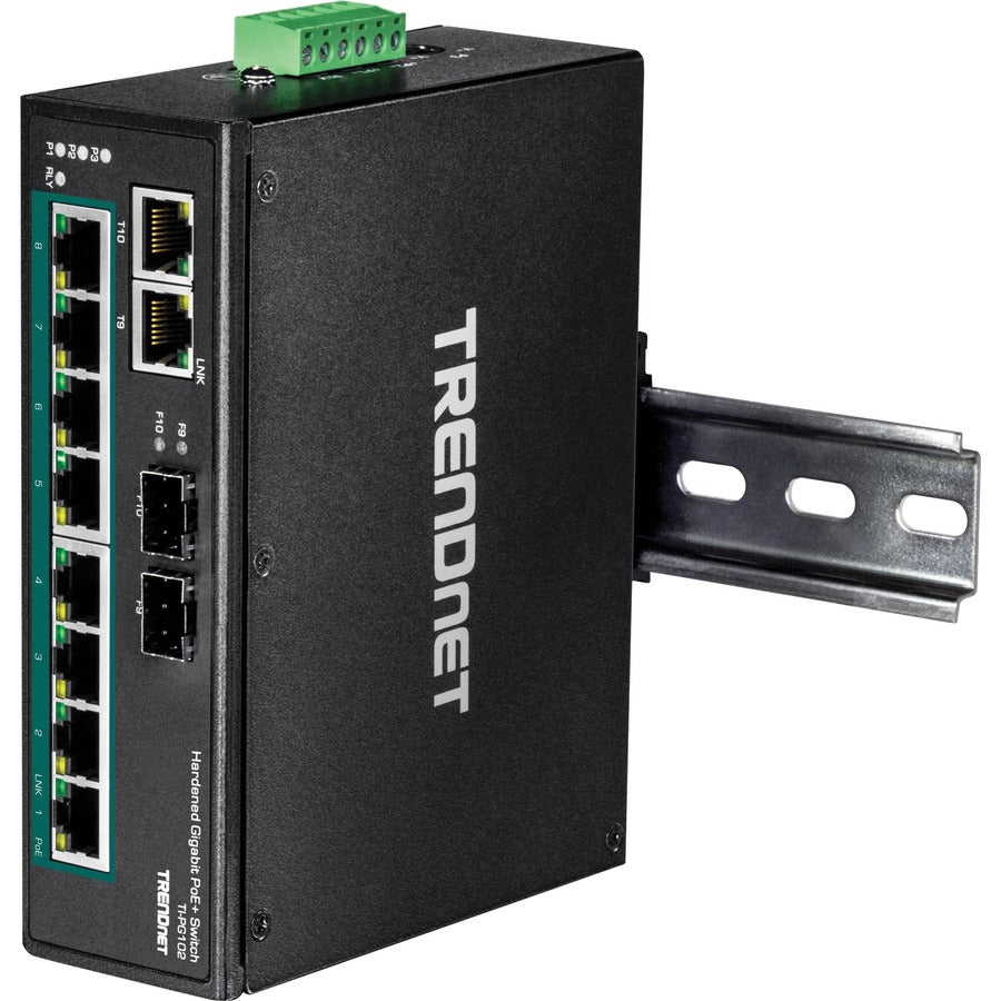 TRENDnet 10-Port Industrial Gigabit PoE+ DIN-Rail Switch, 8 x Gigabit PoE+ Ports, DIN-Rail Mount, 2 x SFP Slots, 240W PoE Power Budget, Network Switch, IP30, QoS, Lifetime Protection, Black, TI-PG102 TI-PG102