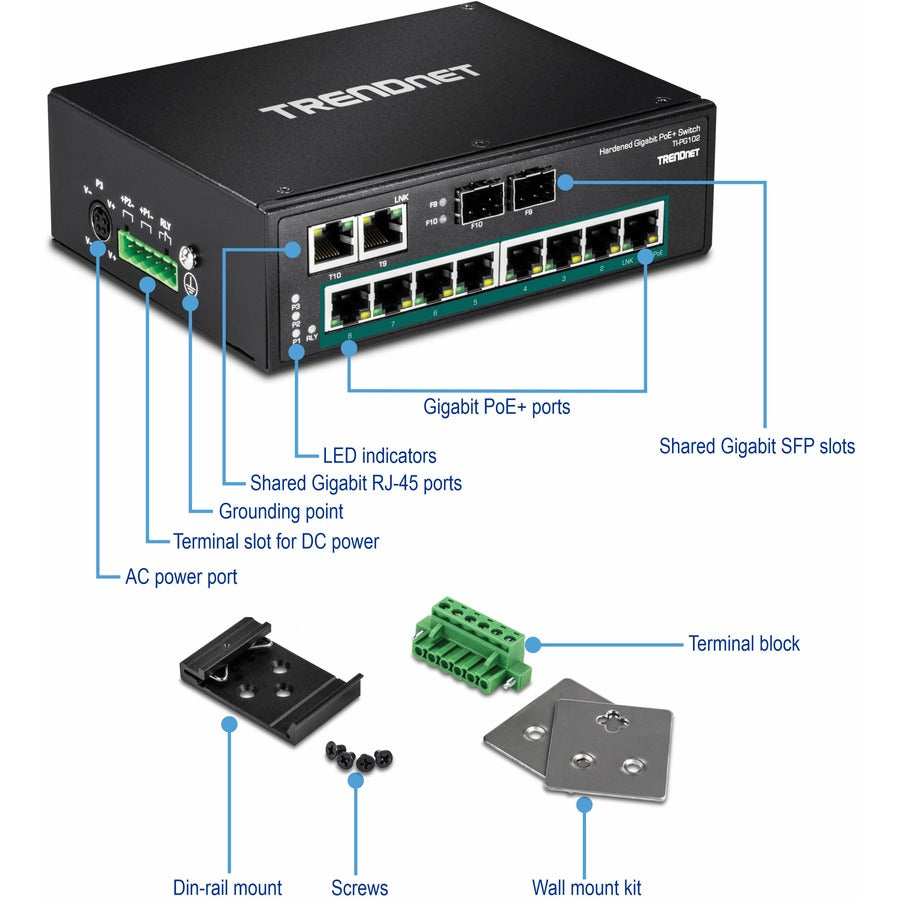 TRENDnet 10-Port Industrial Gigabit PoE+ DIN-Rail Switch, 8 x Gigabit PoE+ Ports, DIN-Rail Mount, 2 x SFP Slots, 240W PoE Power Budget, Network Switch, IP30, QoS, Lifetime Protection, Black, TI-PG102 TI-PG102