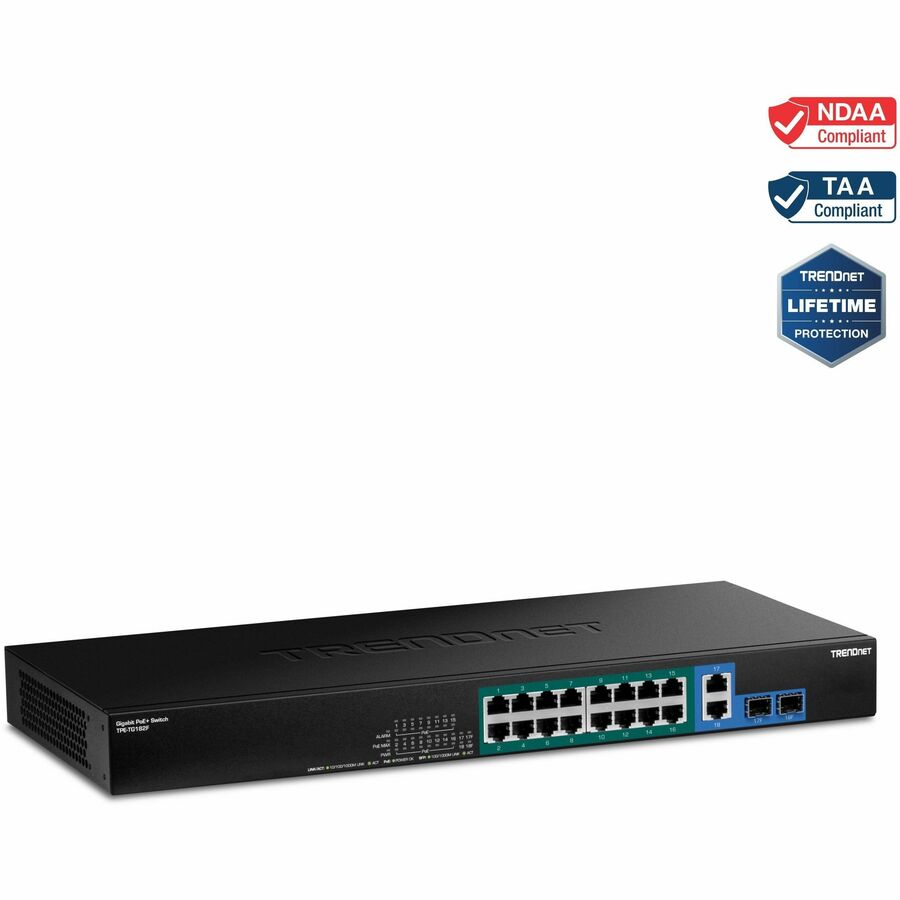 TRENDnet 18-Port Gigabit High Power Poe+ Switch; 16 X Gigabit Poe+ Ports; 2 X Shared Gigabit Ports; 36Gbps Switching Capacity; 440W PoE Power Budget; TPE-TG182F TPE-TG182F