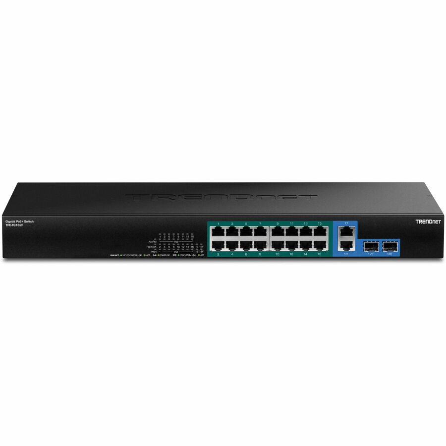 TRENDnet 18-Port Gigabit High Power Poe+ Switch; 16 X Gigabit Poe+ Ports; 2 X Shared Gigabit Ports; 36Gbps Switching Capacity; 440W PoE Power Budget; TPE-TG182F TPE-TG182F