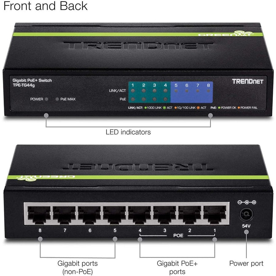 TRENDnet 8-Port Gigabit GREENnet PoE+ Switch, 4 x Gigabit PoE-PoE+ Ports, 4 x Gigabit Ports, 61W Power Budget, 16 Gbps Switch Capacity, Ethernet Unmanaged Switch, Lifetime Protection, Black, TPE-TG44G TPE-TG44g