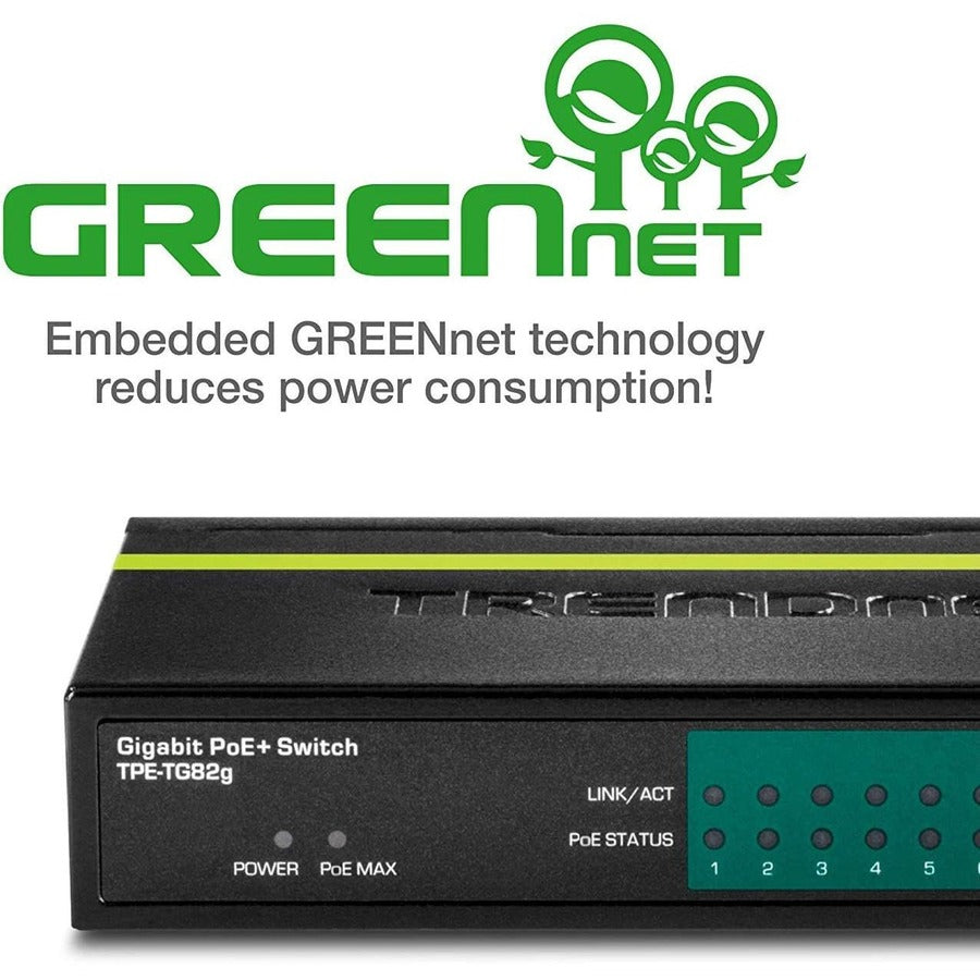 TRENDnet 8-Port GREENnet Gigabit PoE+ Switch, Supports PoE And PoE+ Devices, 61W PoE Budget, 16Gbps Switching Capacity, Data & Power Via Ethernet To PoE Access Points & IP Cameras, Black, TPE-TG82G TPE-TG82g