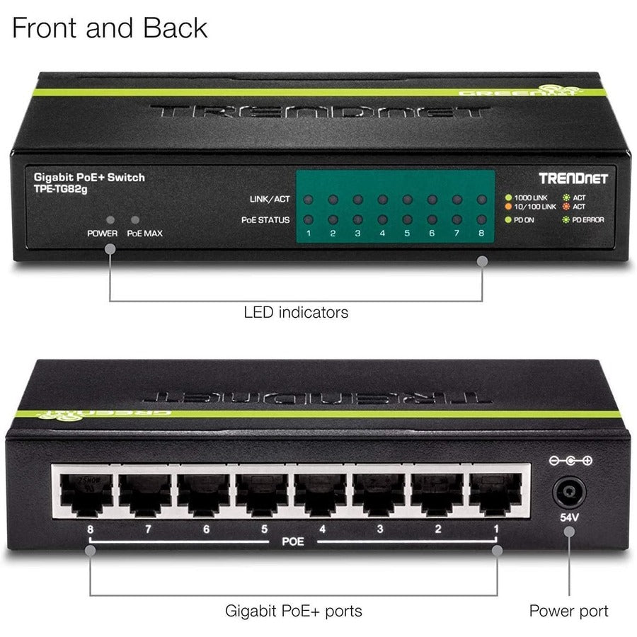 TRENDnet 8-Port GREENnet Gigabit PoE+ Switch, Supports PoE And PoE+ Devices, 61W PoE Budget, 16Gbps Switching Capacity, Data & Power Via Ethernet To PoE Access Points & IP Cameras, Black, TPE-TG82G TPE-TG82g
