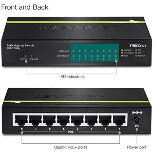 TRENDnet 8-Port Gigabit PoE+ Switch, 8 x Gigabit PoE+ Ports, 123W PoE Power Budget, 16 Gbps Switching Capacity, Desktop Switch, Ethernet Network Switch, Metal, Lifetime Protection, Black, TPE-TG80G TPE-TG80G