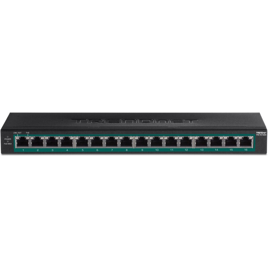 TRENDnet 16-Port Gigabit PoE+ Switch; TPE-TG160H; 123W PoE Power Budget; 32 Gbps Switching Capacity; Desktop Switch; Ethernet Network Switch; Metal; 1U 10" Rack Mountable; Lifetime Protection TPE-TG160H